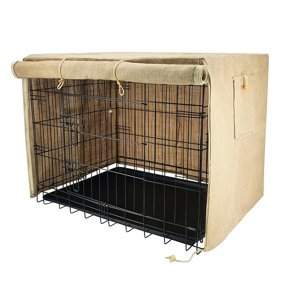 Taily 30" Pet Cage Collapsible 3 Door Metal Dog Crate with Jute Cover and Tray S