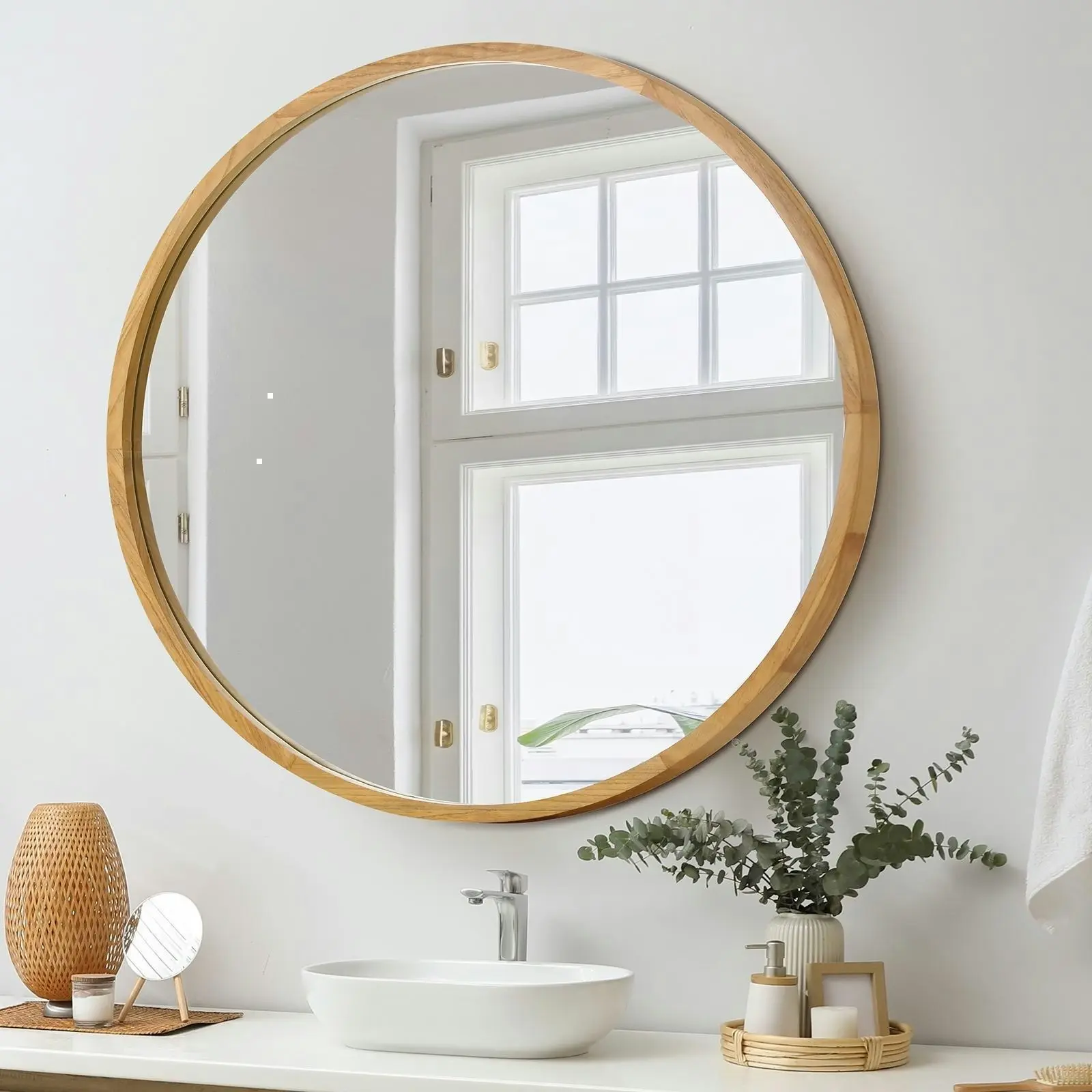 Oikiture Wall Mirrors Round Large Makeup Mirror Vanity Home Decor 90cm Wooden