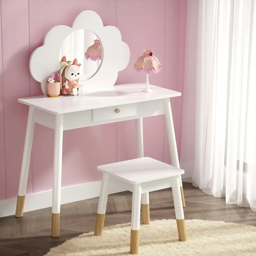 Keezi Kids Dressing Table Chair Set Vanity Makeup Wooden Leg Mirror Drawer