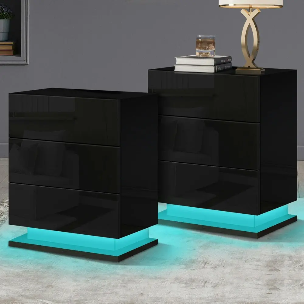 Alfordson 2x Bedside Table Gloss LED Black