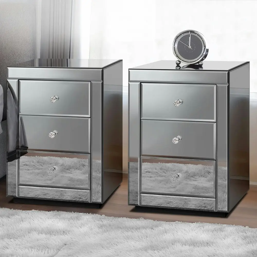 Alfordson 2x Bedside Table Mirrored Grey