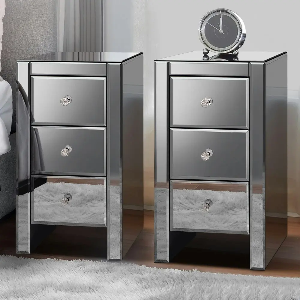 Alfordson 2x Mirrored Bedside Table Grey