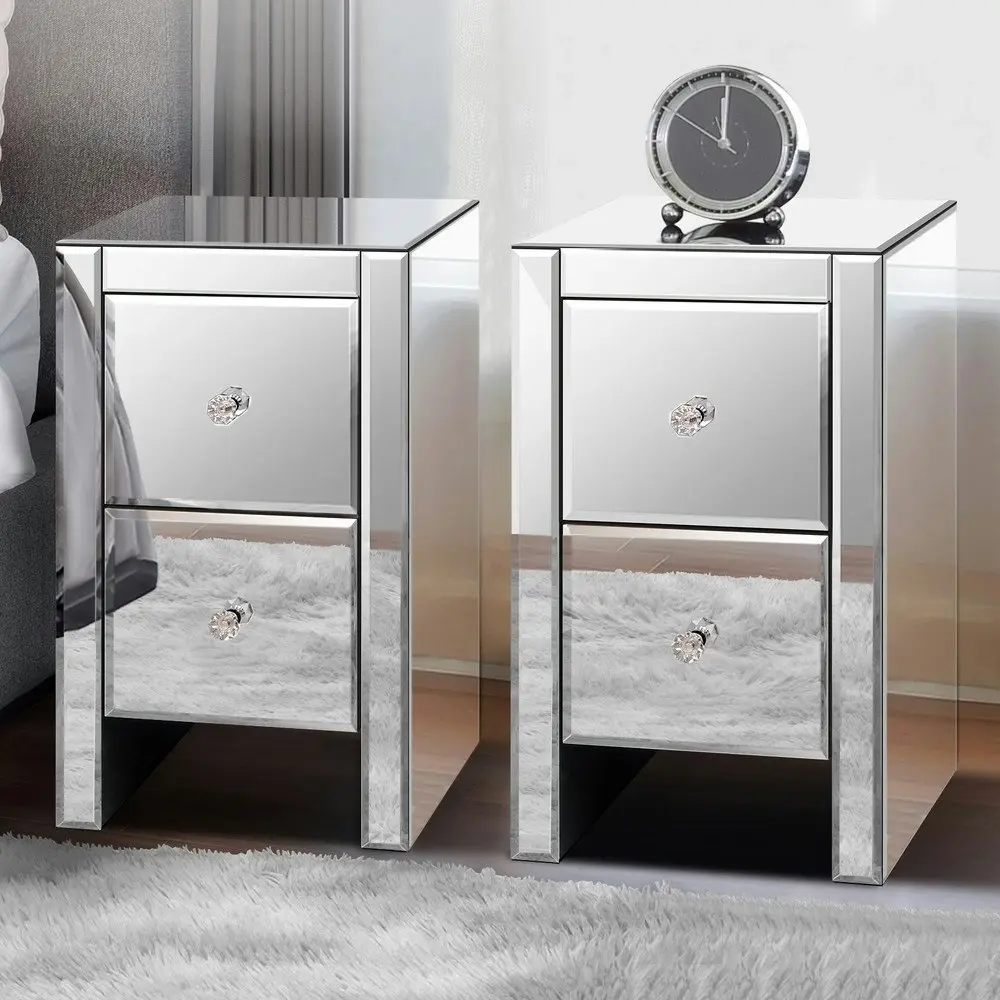 Alfordson 2x Bedside Table Mirrored Silver Gloss