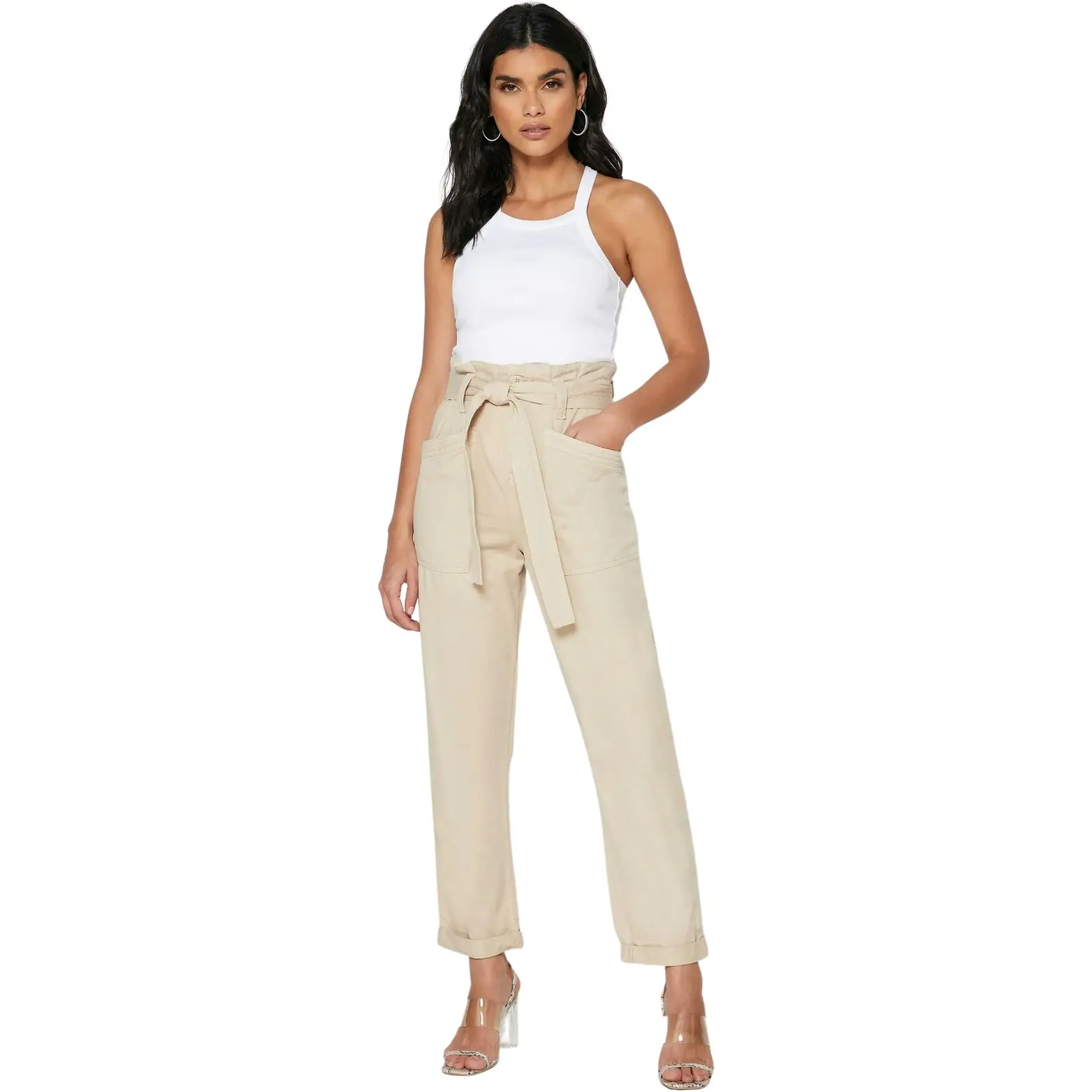 Topshop Women's Paperbag Pants - Taupe/beige