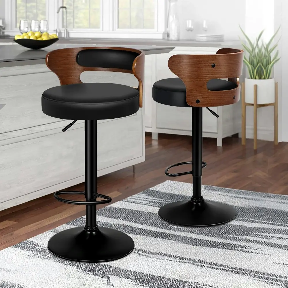 Alfordson 2x Bar Stool Kitchen Swivel Chair Wooden Leather Gas Lift Ramiro Black