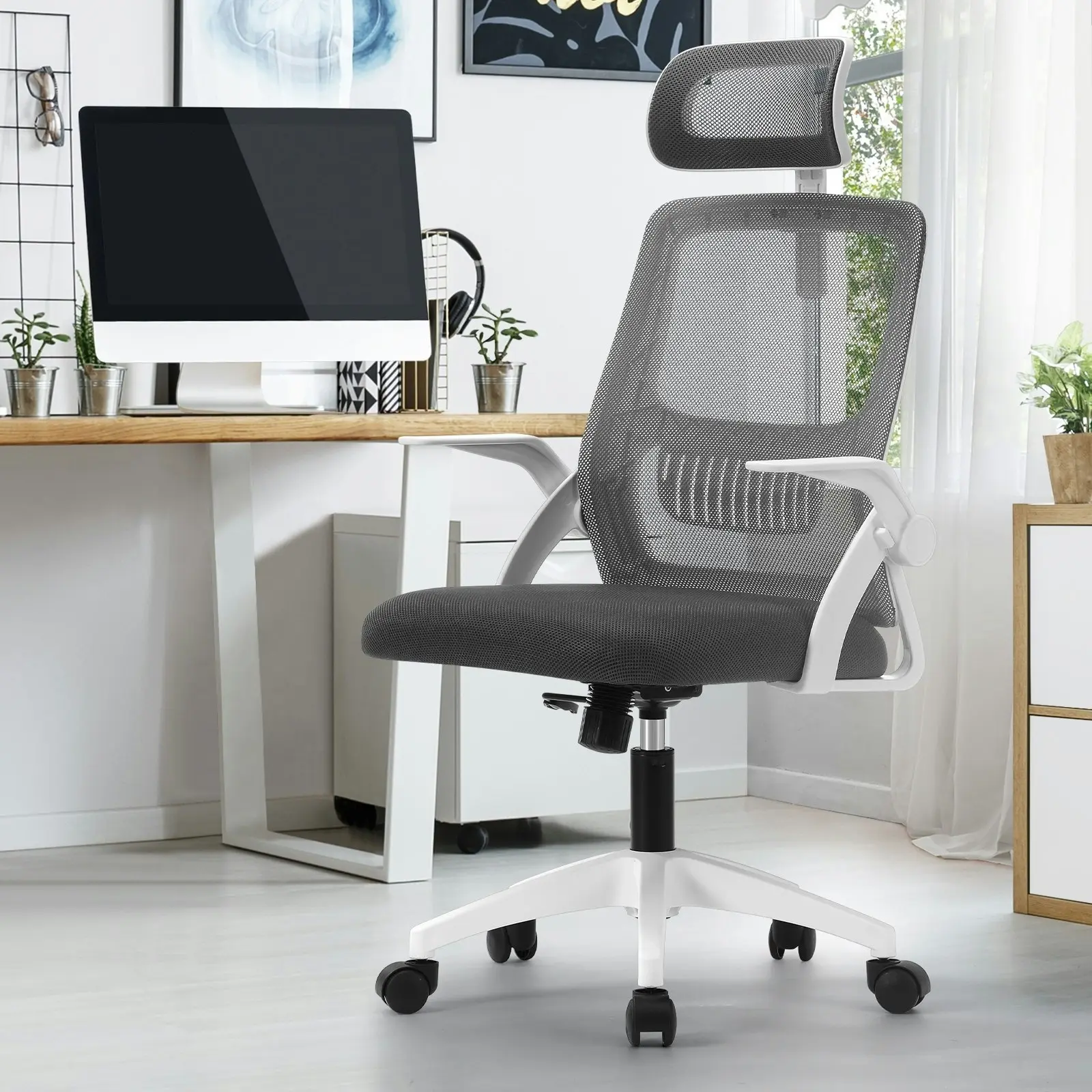 Oikiture Mesh Office Chair Executive Fabric Gaming Seat Racing Computer Dark Grey&White