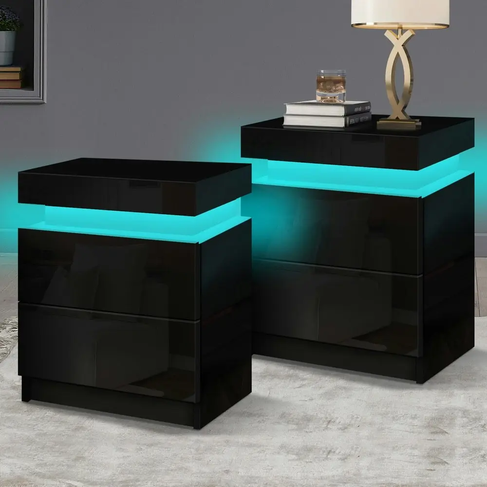 Alfordson 2x Bedside Table LED Gloss Black