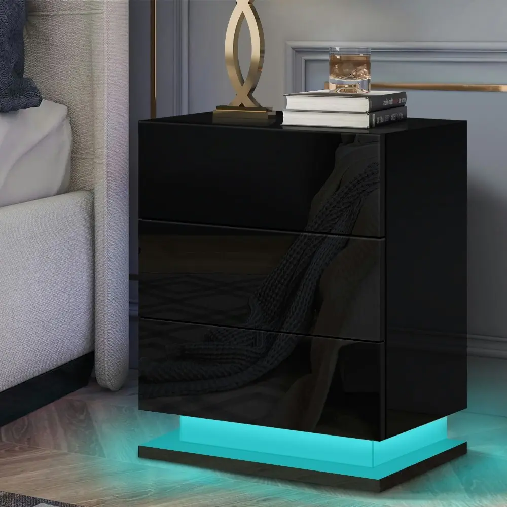 Alfordson Bedside Table Gloss LED Black