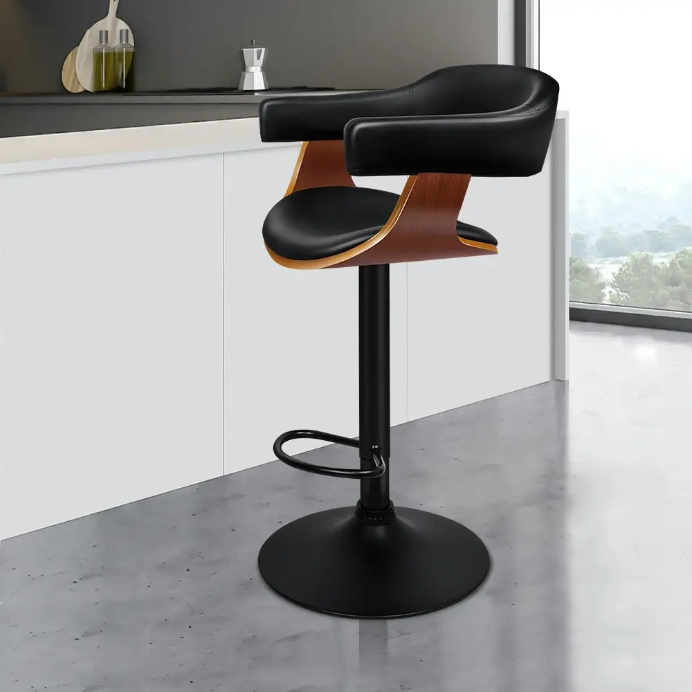 Alfordson 1x Wooden Bar Stool Joan Kitchen Swivel Chair Wood Leather All Black