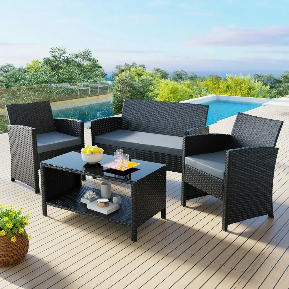 Alfordson Outdoor Furniture 4PCS Patio Wicker Set Pillows Black