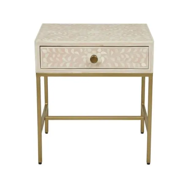 Zohi Interiors Bone Inlay Lorelle Bedside Table with Brass Legs in Blush