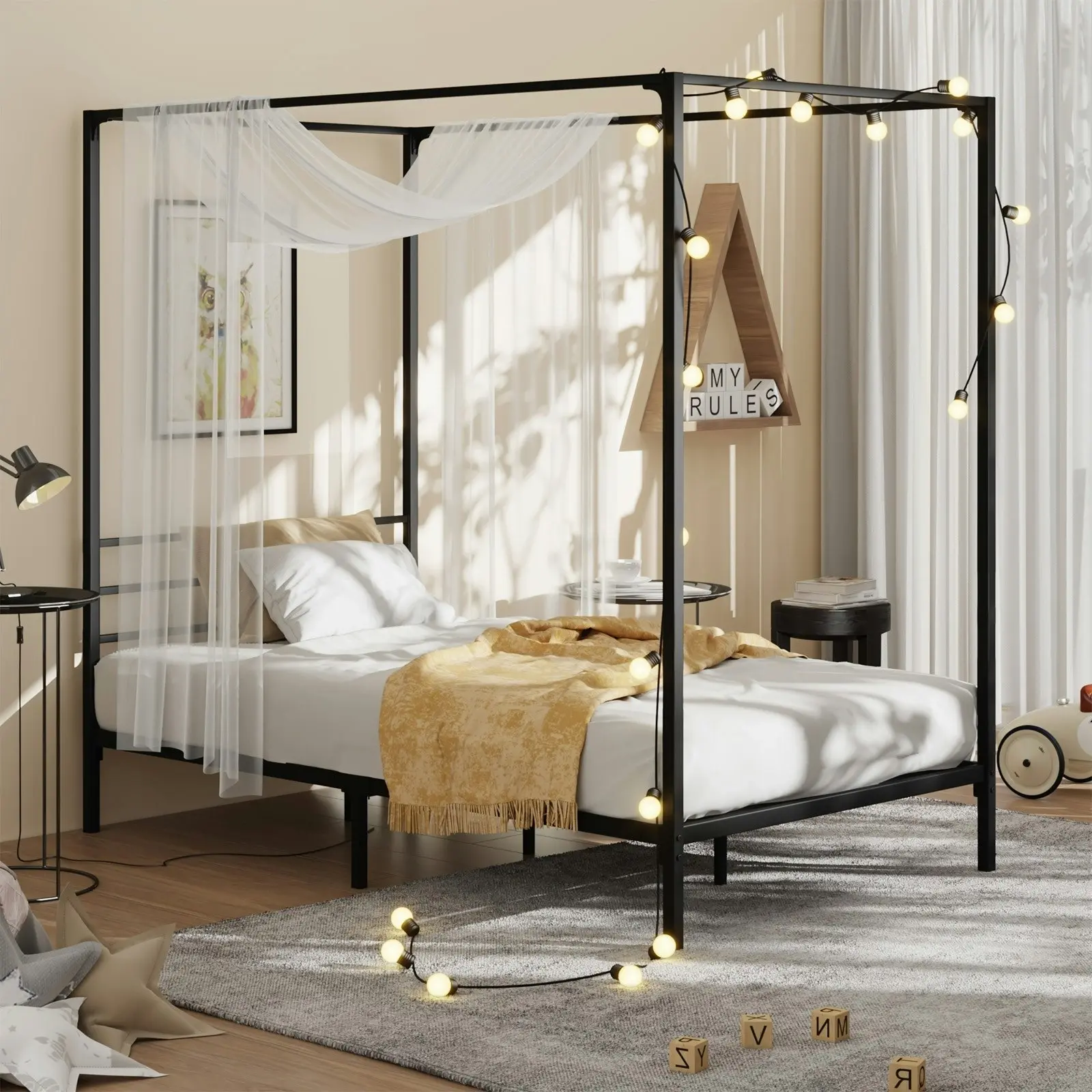 Oikiture Metal Canopy Bed Frame Single Size Platform