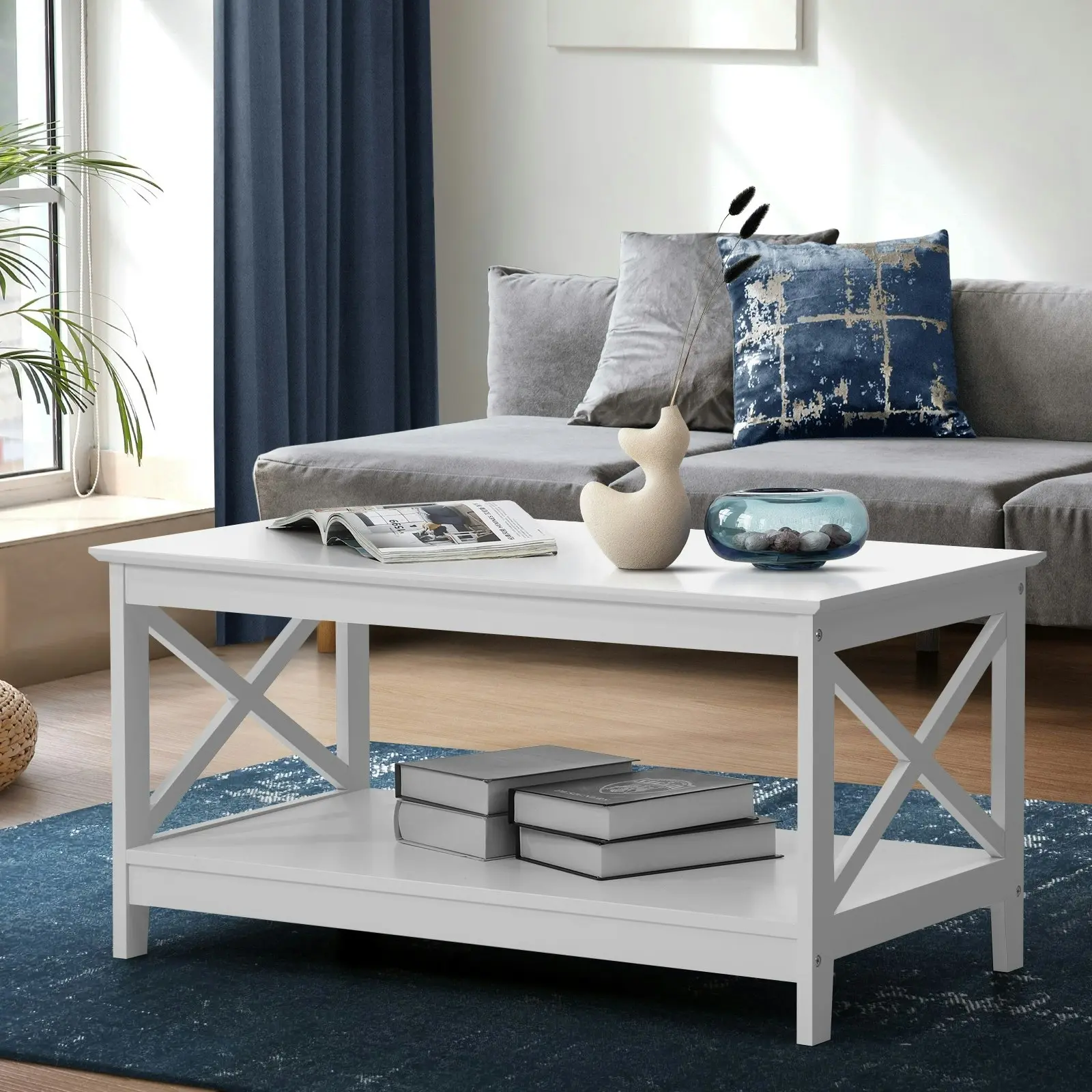 Oikiture Coffee Table Side Tables Storage Rack Shelf 2-Tier Hamptons Furniture