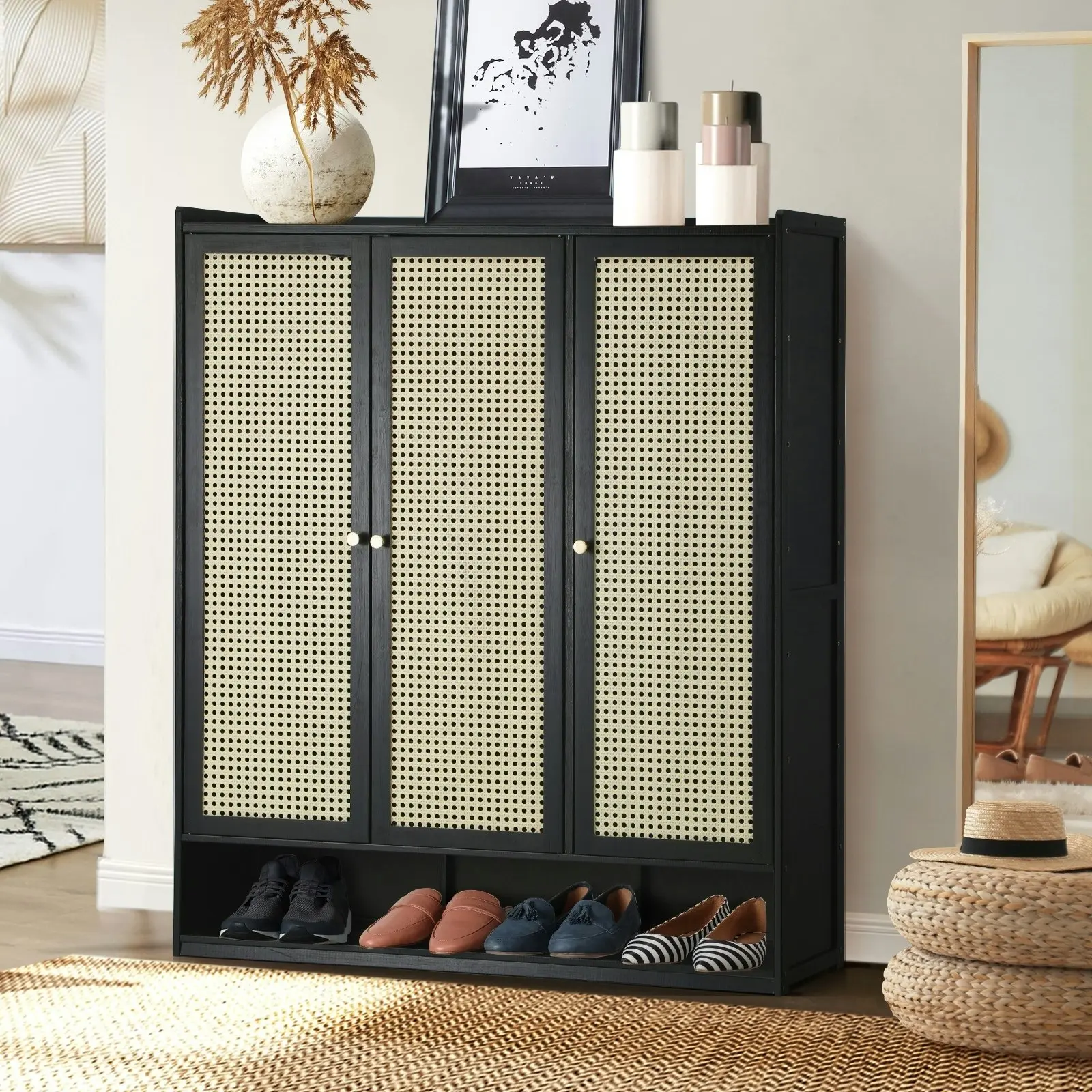 Oikiture Shoe Storage Cabinet Shoes Rack Organiser Shelf 3 Doors Rattan Style