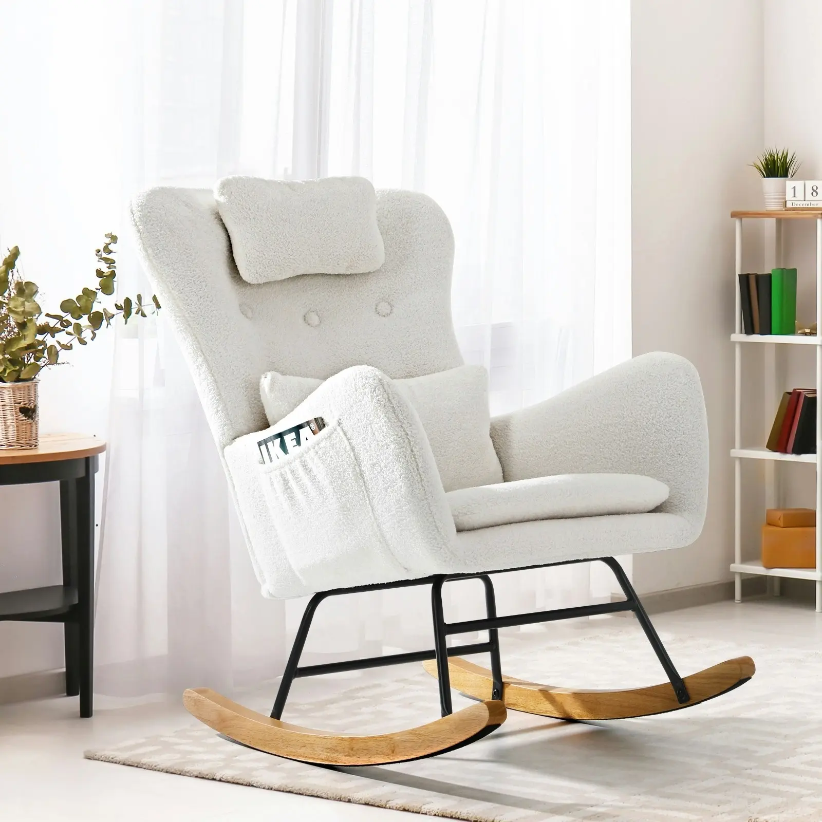 Oikiture Rocking Chair Nursing Armchair Sherpa Accent Chairs With 2 Pillow White