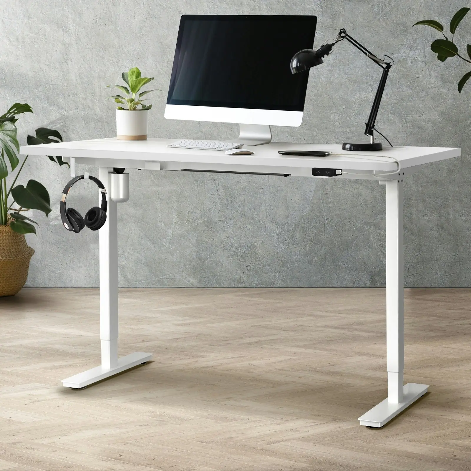 Oikiture 150CM Electric Standing Desk Single Motor White Frame White Desktop