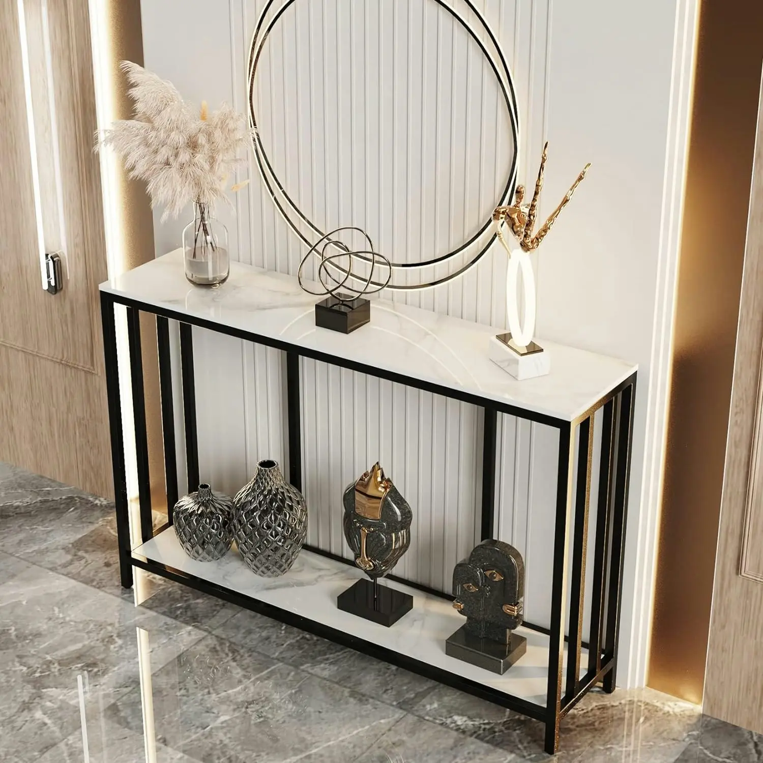 2-Tier Console Table Hallway Unit Marble Top