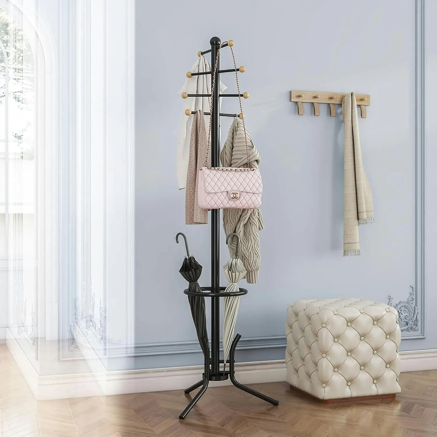 Coat Rack Stand with Umbrella Holder, 12 Hooks