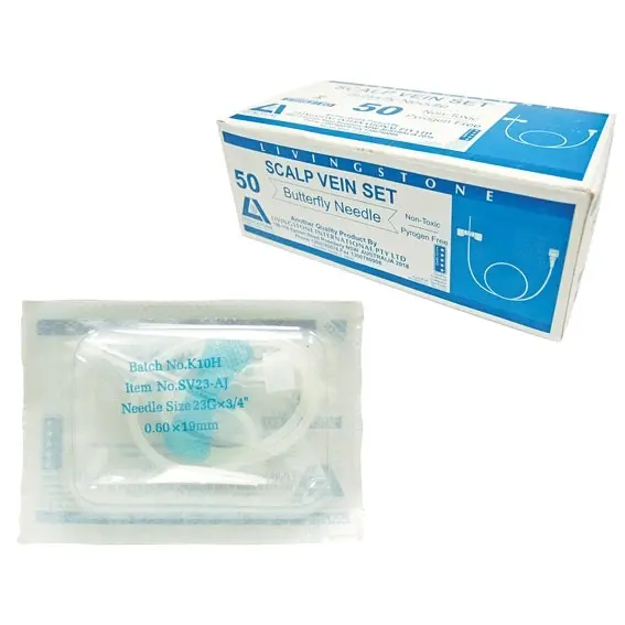 Livingstone Winged Scalp Vein Infusion Set 23 Gauge x 0.75 Inch Needle 30cm Tube Blue Luer Japanese Needle 50 Box