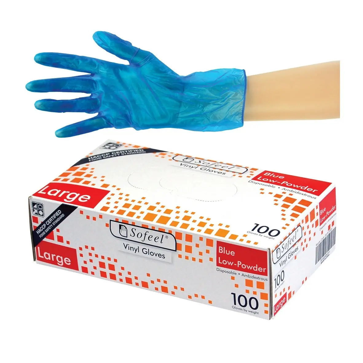 Sofeel Vinyl Low Powder Gloves 5.0g Large Blue HACCP Grade 100 Box