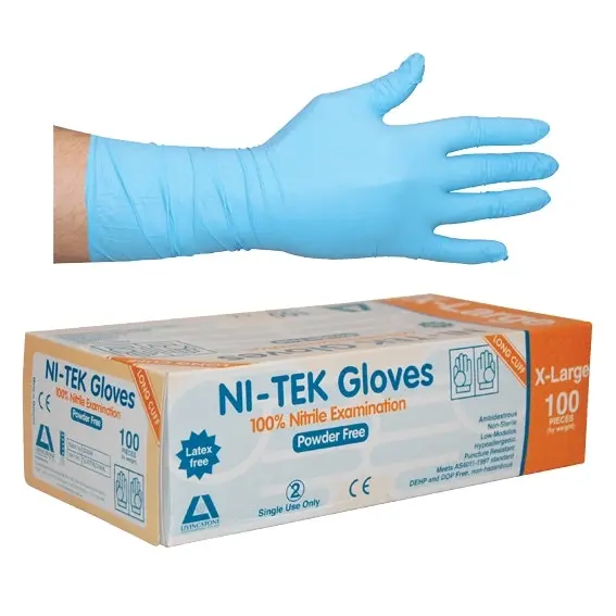 Ni-Tek Nitrile Powder Free Gloves Extra Large Blue Long Cuff 300mm AS/NZ HACCP Grade 100 Box