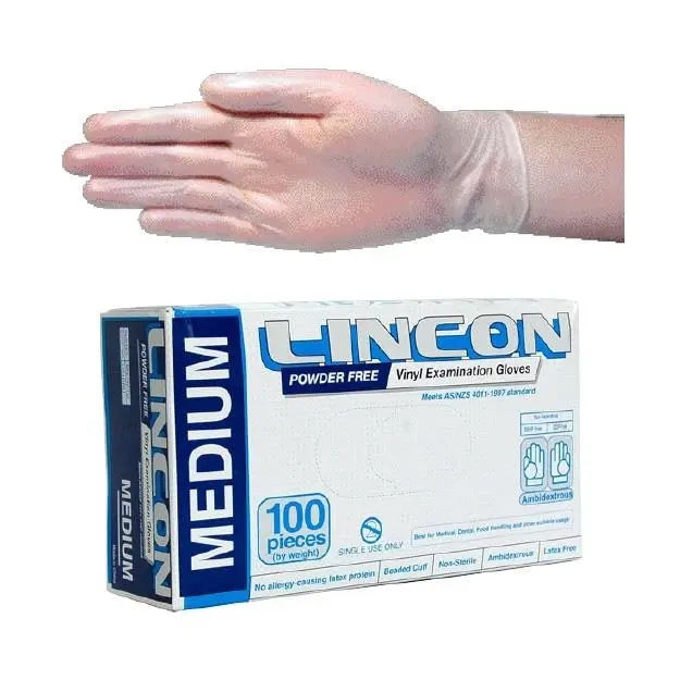 Lincon Powder Free Vinyl Gloves 6.0g Medium Clear 100 Box x10