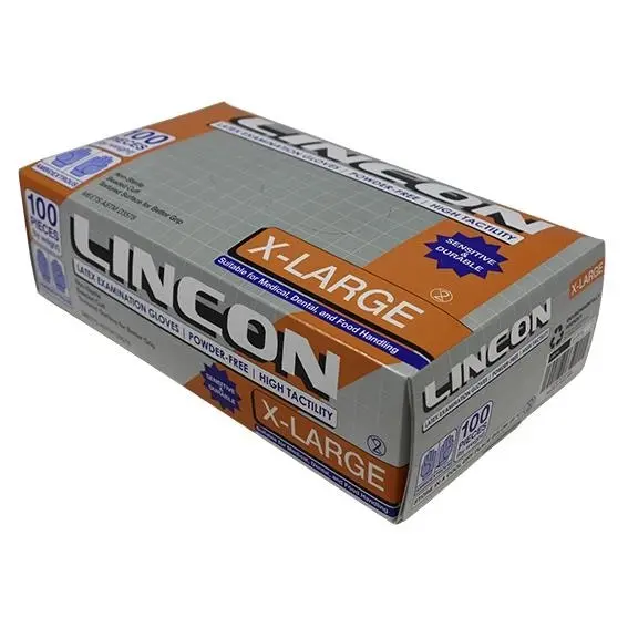 Lincon Latex Powder Free Gloves Extra Large Cream ASTM HACCP Grade 100 Box x10