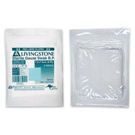 Livingstone Sterile Gauze Swabs 7.5 x 7.5 cm x 8 ply White 5 Pack x 100