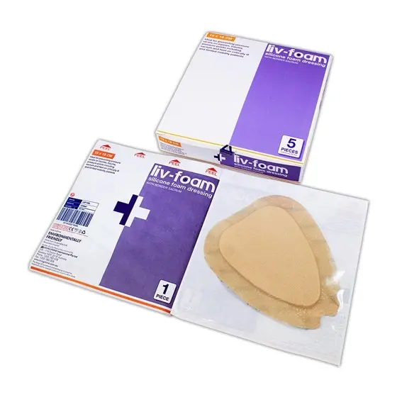 Liv-Foam Silicone Foam Dressing, 15 x 18cm, with Adhesive Border, Self Adherent, Sacrum Shaped, 5/Box