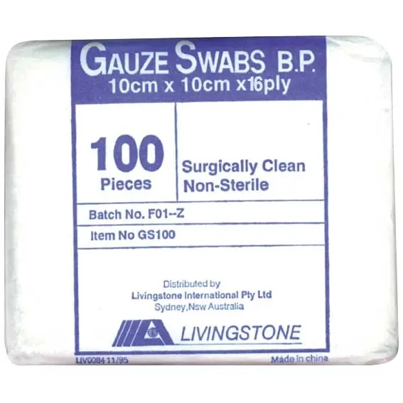 Livingstone Gauze Swabs 10 x 10 cm 16-Ply Non-Sterile 100 Pack