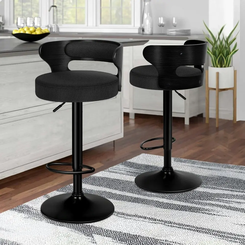 Alfordson 2x Bar Stool Kitchen Swivel Chair Wooden Linen Fabric Ramiro All Black