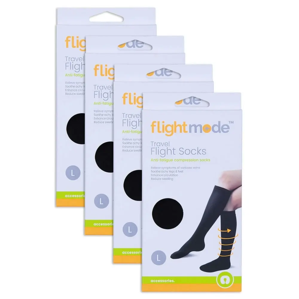 4x Flightmode Unisex 10-12.5cm Polyester Cotton Anti-Swelling Flight Socks L BLK