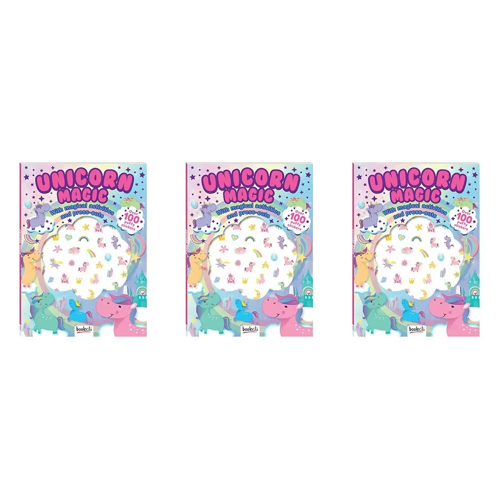 3x Bookoli Puffy Sticker Windows Unicorn Kids/Children Press-out Puzzle Activity