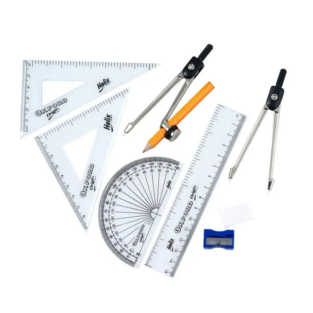 9pc Helix Mathematical Instruments Study Set School Ruler/Protractor w/Metal Box