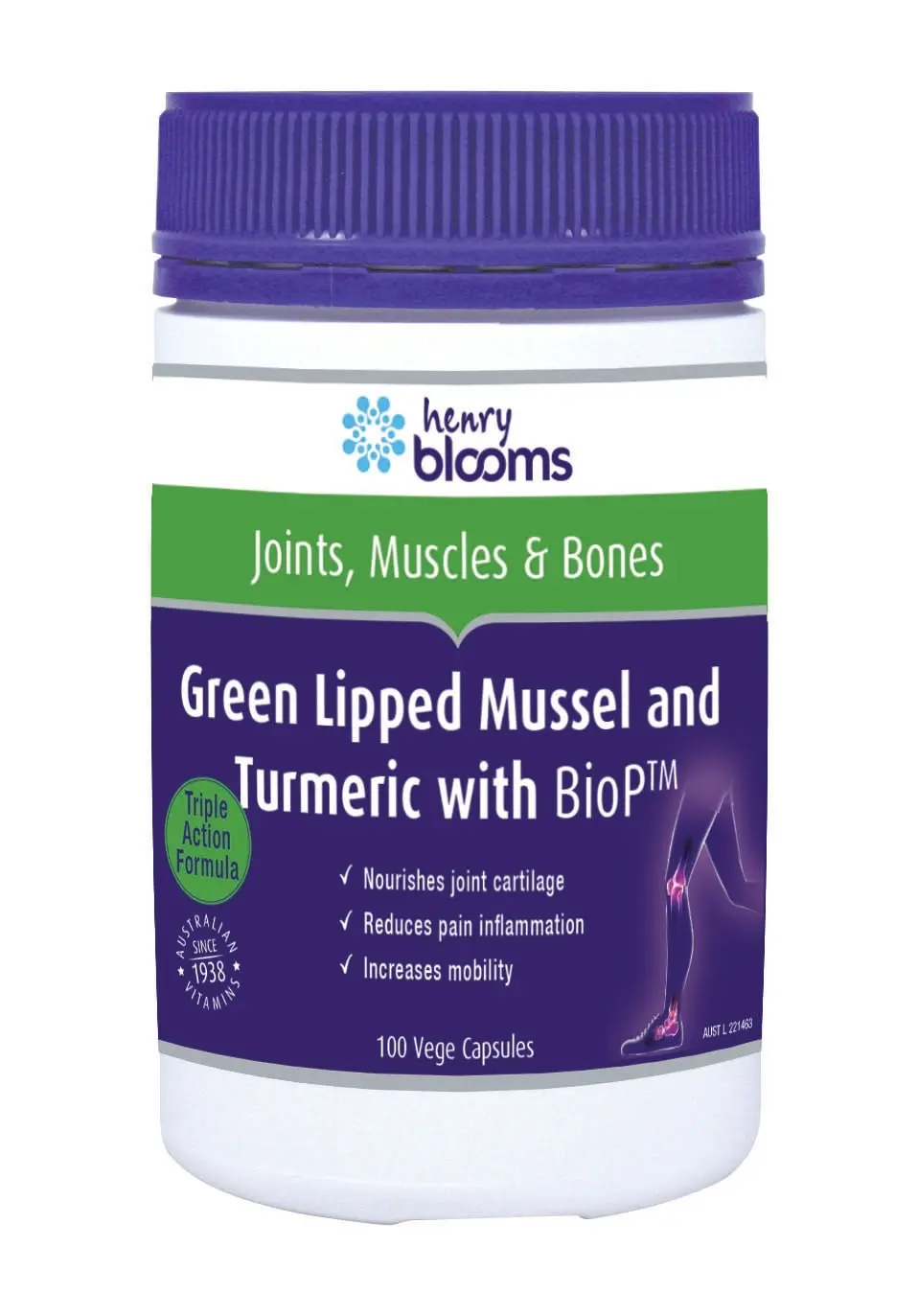 Henry Blooms Green Lipped Mussel & Tumeric 100 Vegetarian Capsules