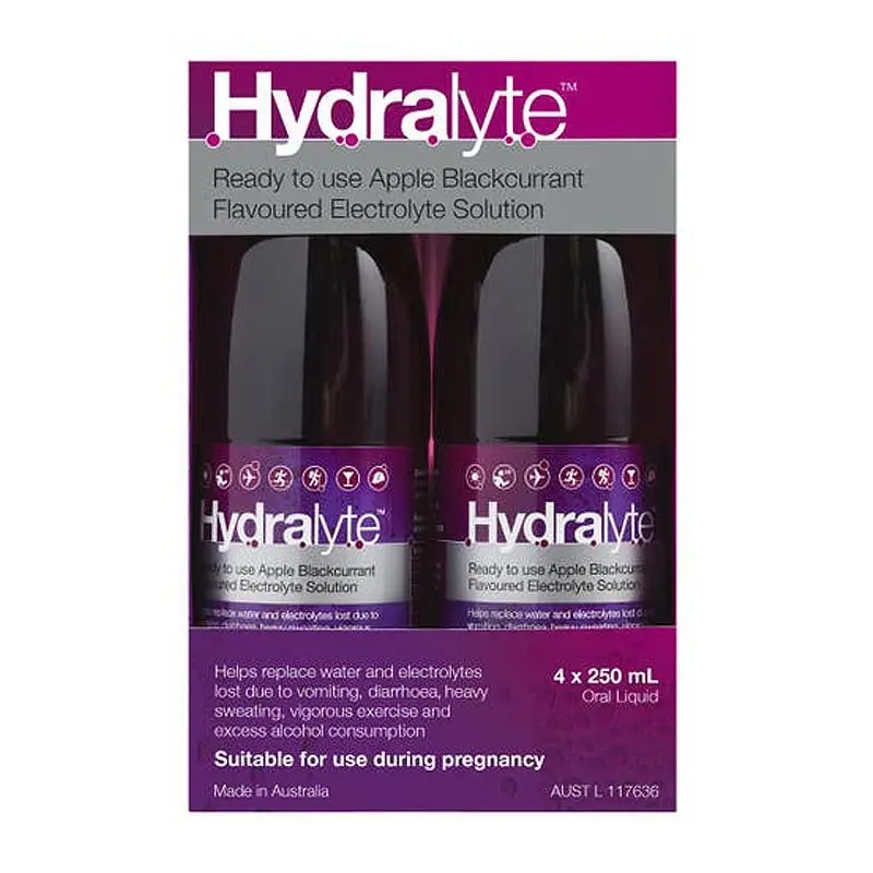 Hydralyte Ready to use Electrolyte Solution Apple Blackcurrant Flavoured 4 x 250mL