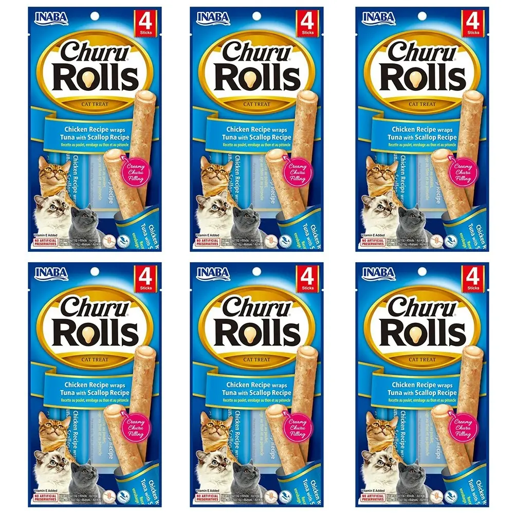 6PK INABA 40g Churu Rolls Chicken Wraps Tuna w/ Scallop Recipe Cat Pet Food Pack