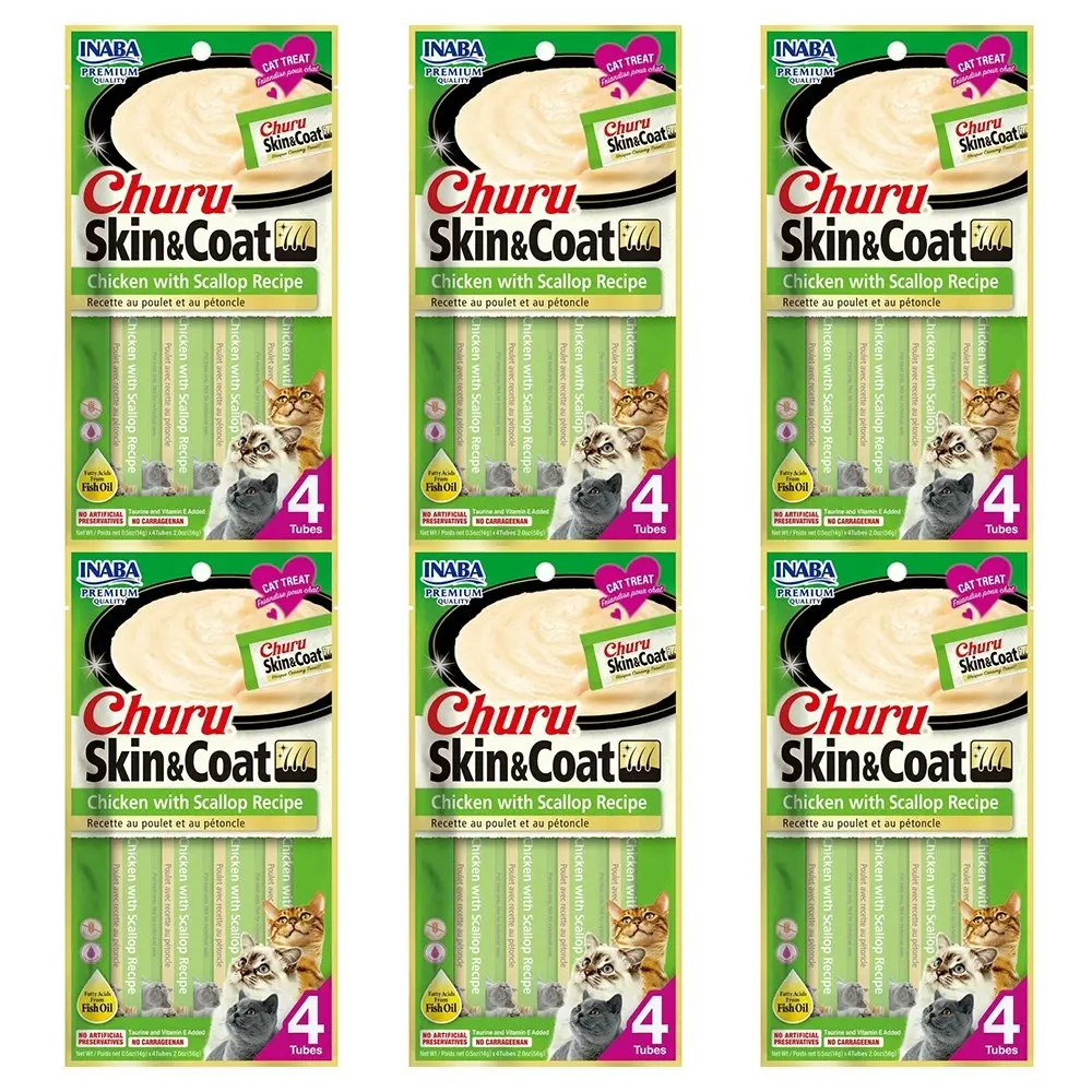 6PK INABA Churu Skin & Coat Chicken w/ Scallop Recipe Cat Pet Food/Treat Pack