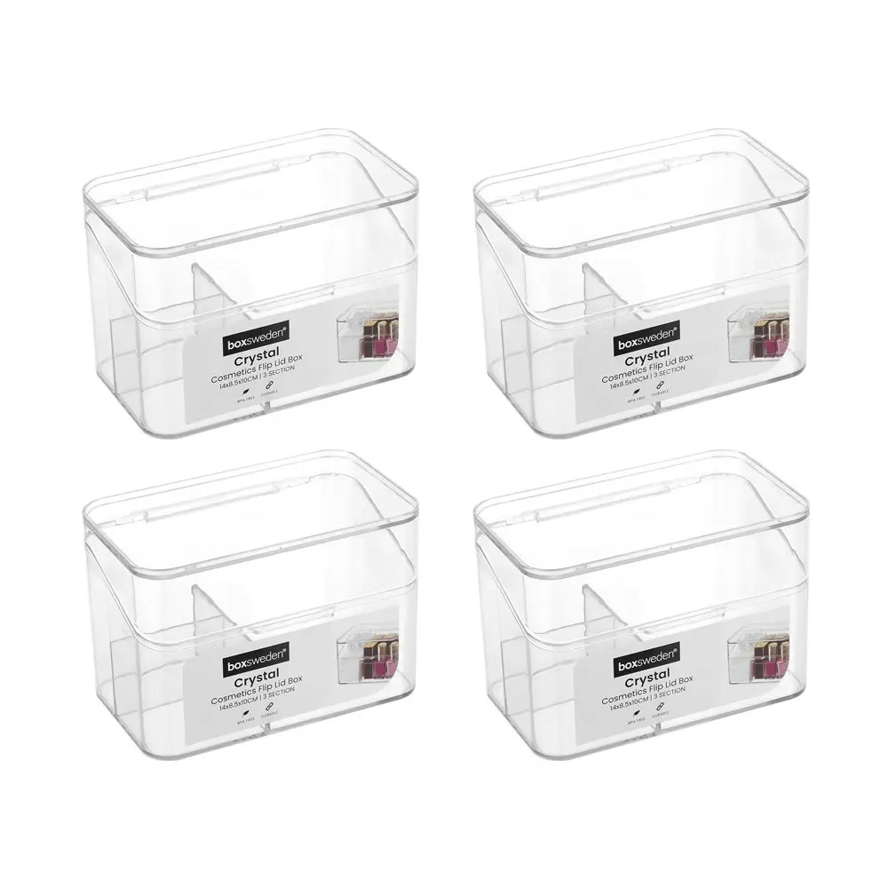 4x Boxsweden 14cm Crystal Cosmetics Box w/ Flip Lid Organiser Storage Bin Clear