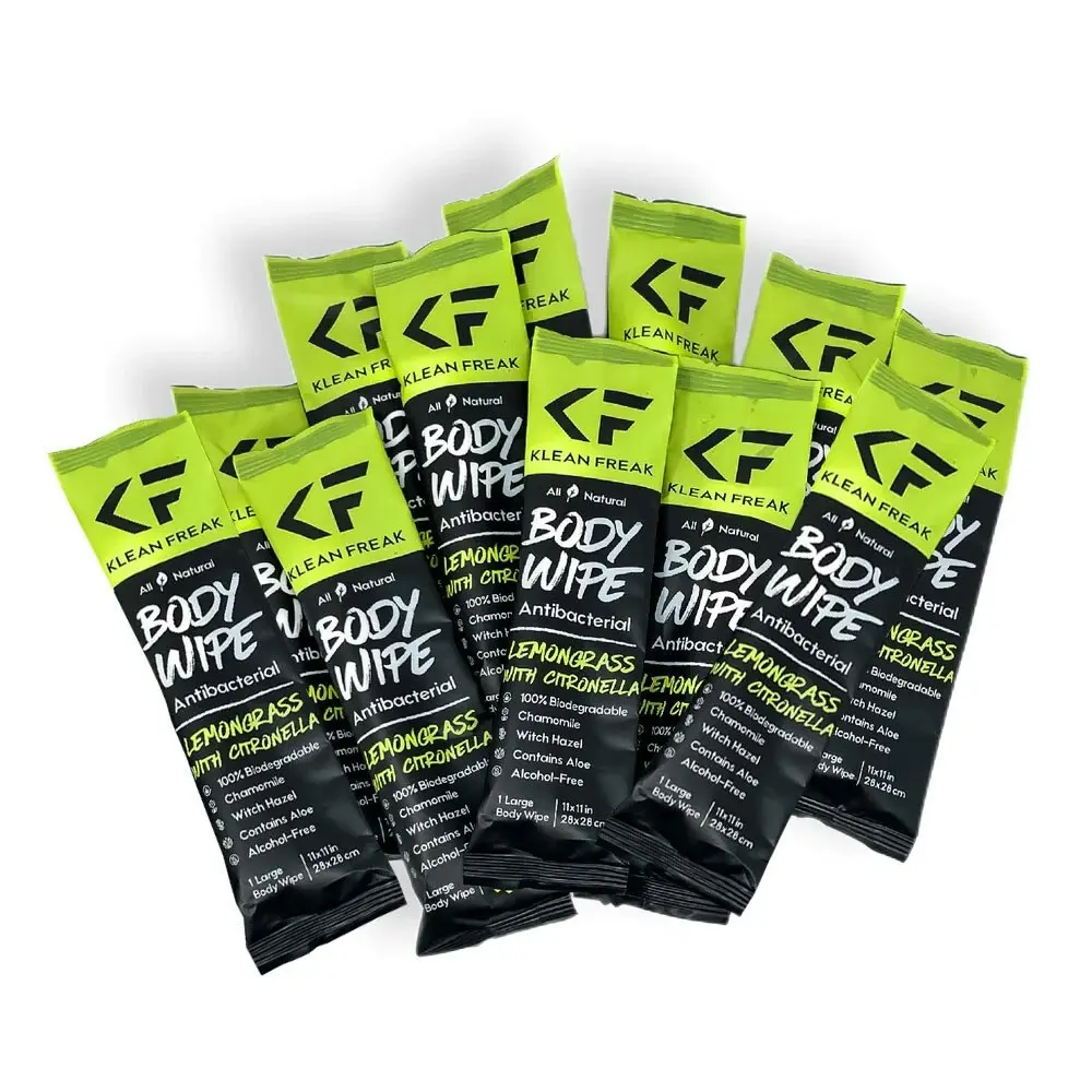 12pc Klean Freak Body Wipes Pocket Shower 28x28cm Lemongrass With Citronella