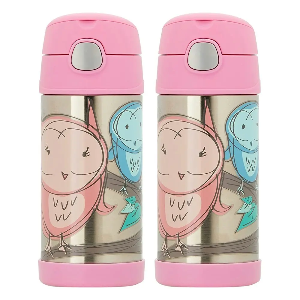 2x Thermos 355ml Funtainer Vacuum Insulated Drink Bottle PNK Owl Stainless Steel