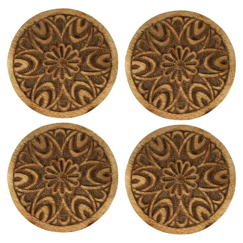 4pc Maine & Crawford Harmony 10cm Mango Wood Round Coaster Mat Grey Natural