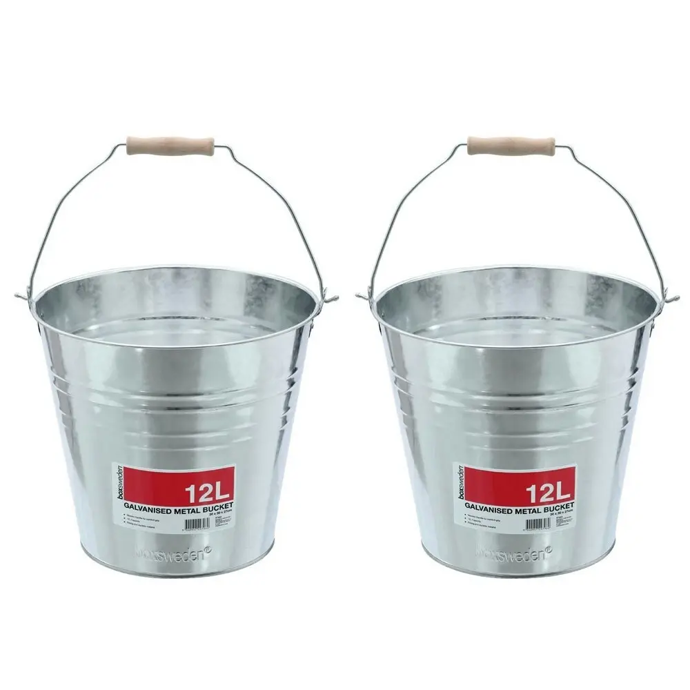 2x Boxsweden 12L/30cm Metal Bucket Laundry Storage/Container w/ Wood Handle SLV