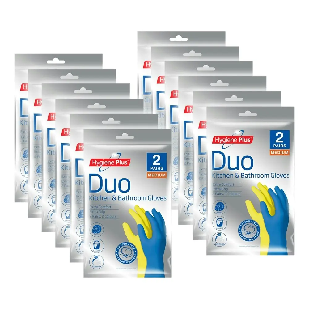 12x Pairs Hygiene Plus Duo Size M Kitchen/Bathroom Latex Cleaning Gloves Asstd