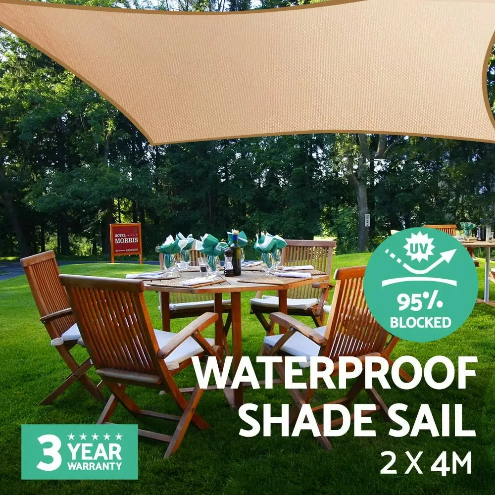 Instahut Waterproof Shade Sail 2x4m Rectangle Sand 95% Shade Cloth