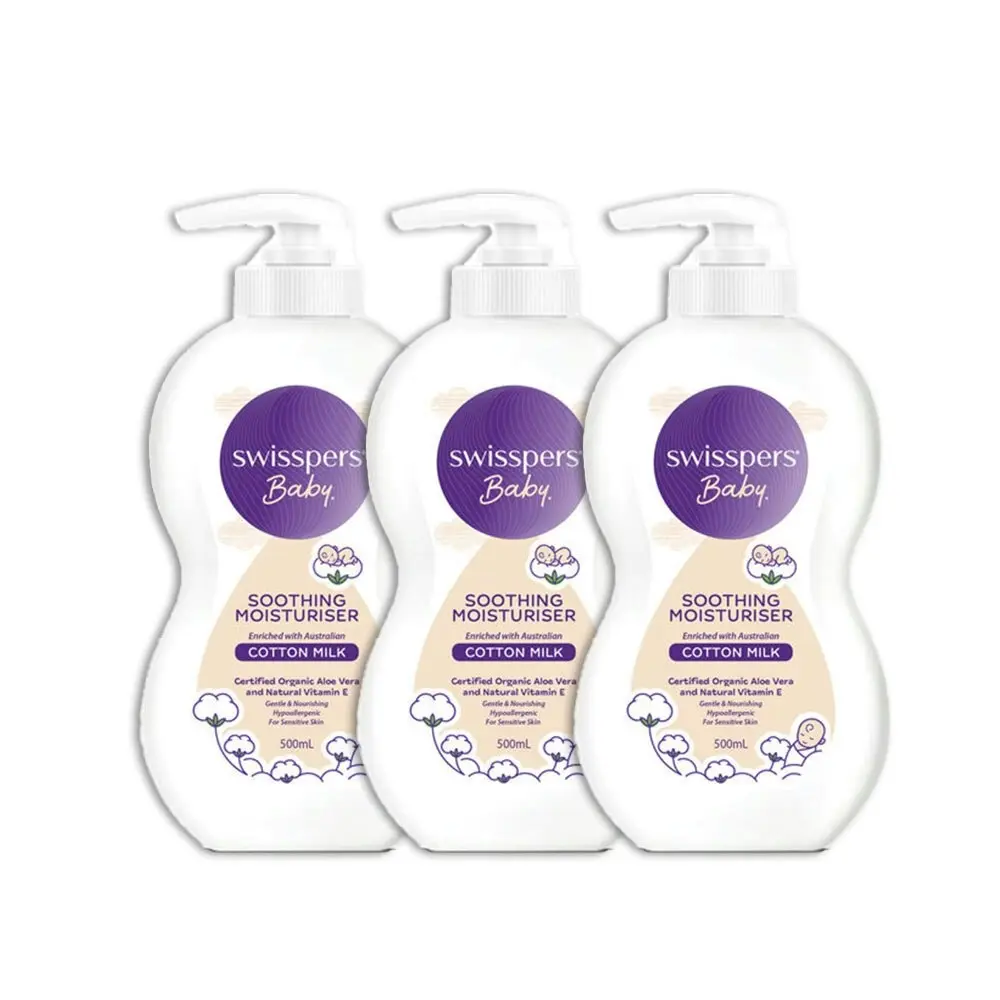 3x Swisspers Baby Cotton Milk Sensitive Skin Soothing Vegan Moisturiser 500ml