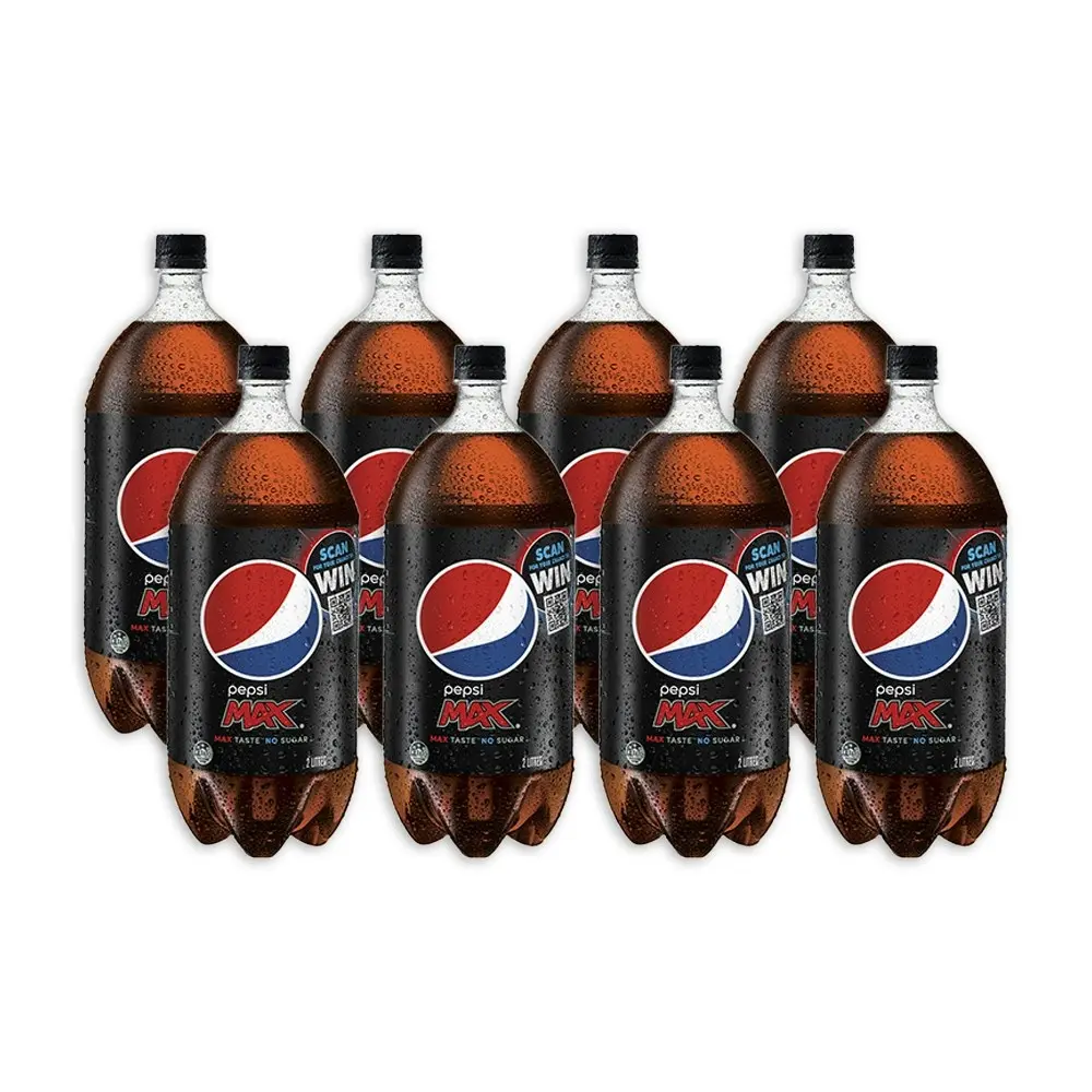 8pc Pepsi Max Cola Flavoured Zero Sugar Soft Drink Sparkling Soda Bottles 2L