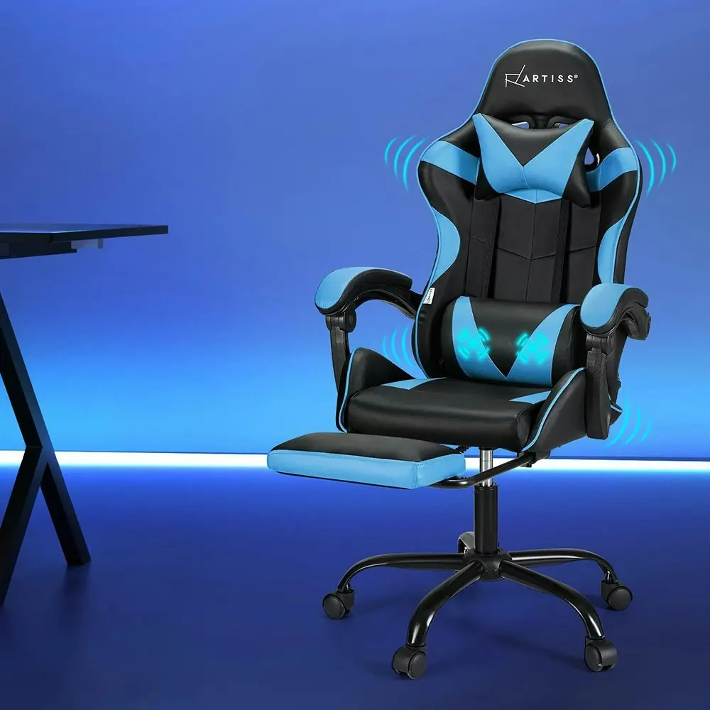 Artiss 2 Point Massage Gaming Office Chair Footrest Cyan Blue