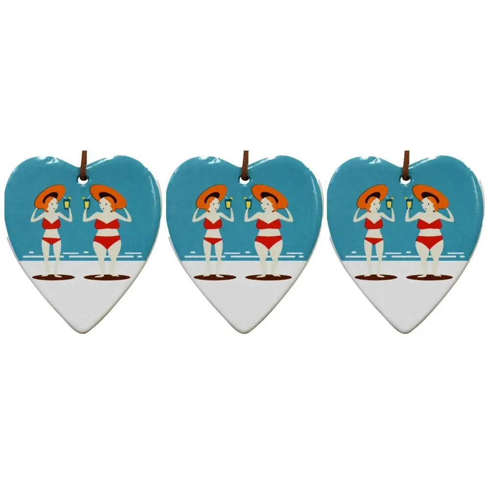 3x Ceramic Hanging 8x9cm Heart Partners Ornament w/Hanger Home/Office Room Decor