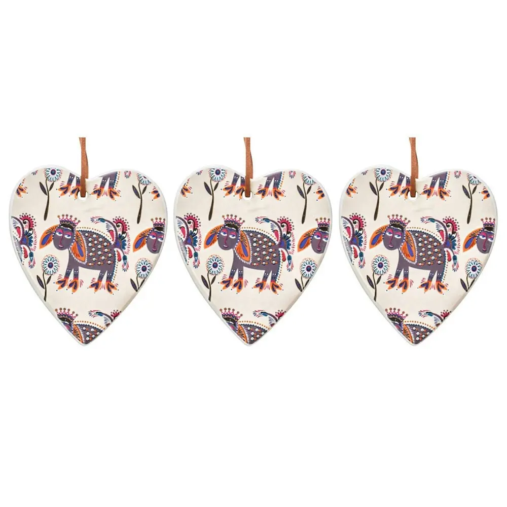 3x Ceramic Hanging 8x9cm Heart Vintage Sheep Ornament w/ Hanger Home Room Decor